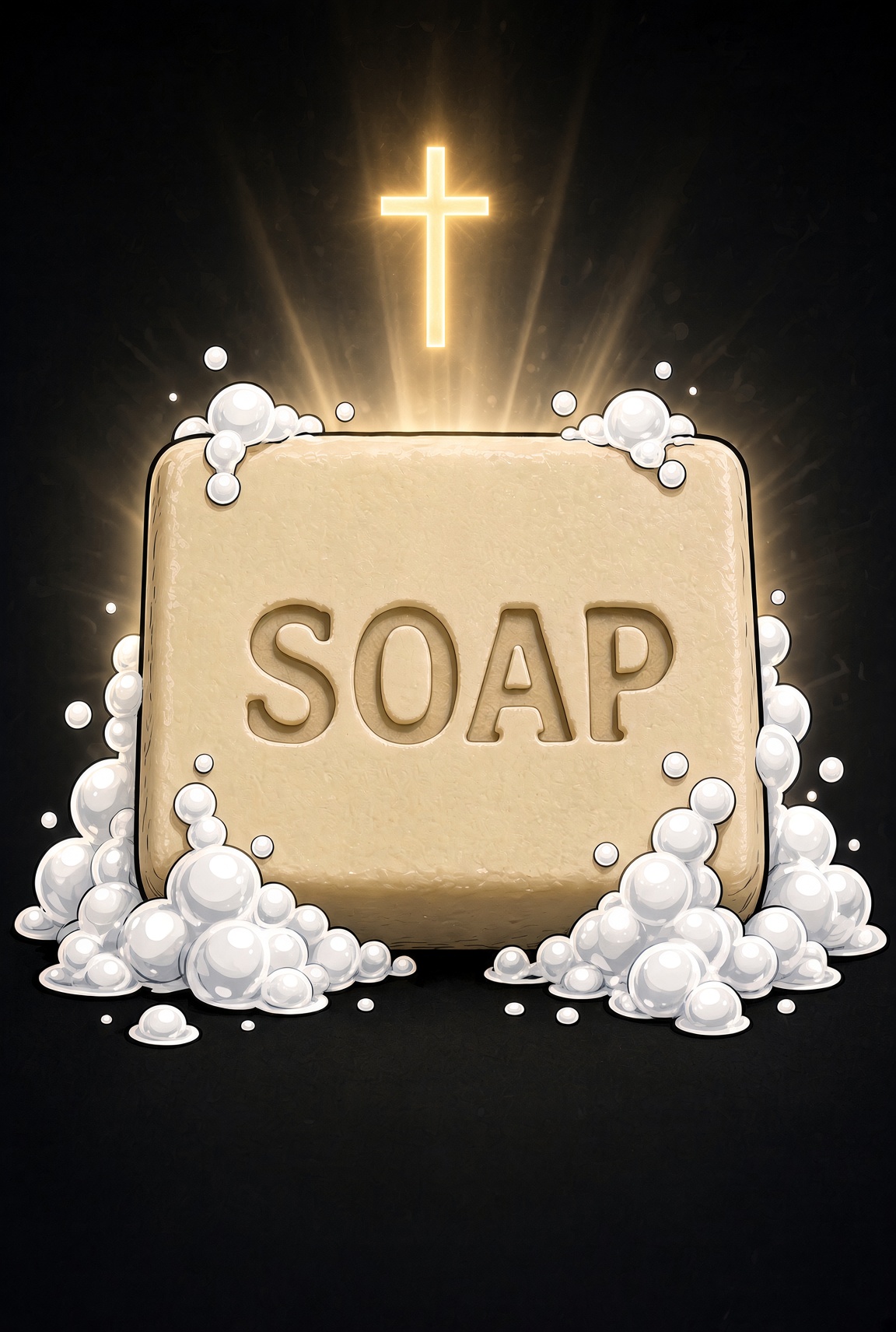 SOAP emblem: a bar of soap in lather beneath a glowing cross