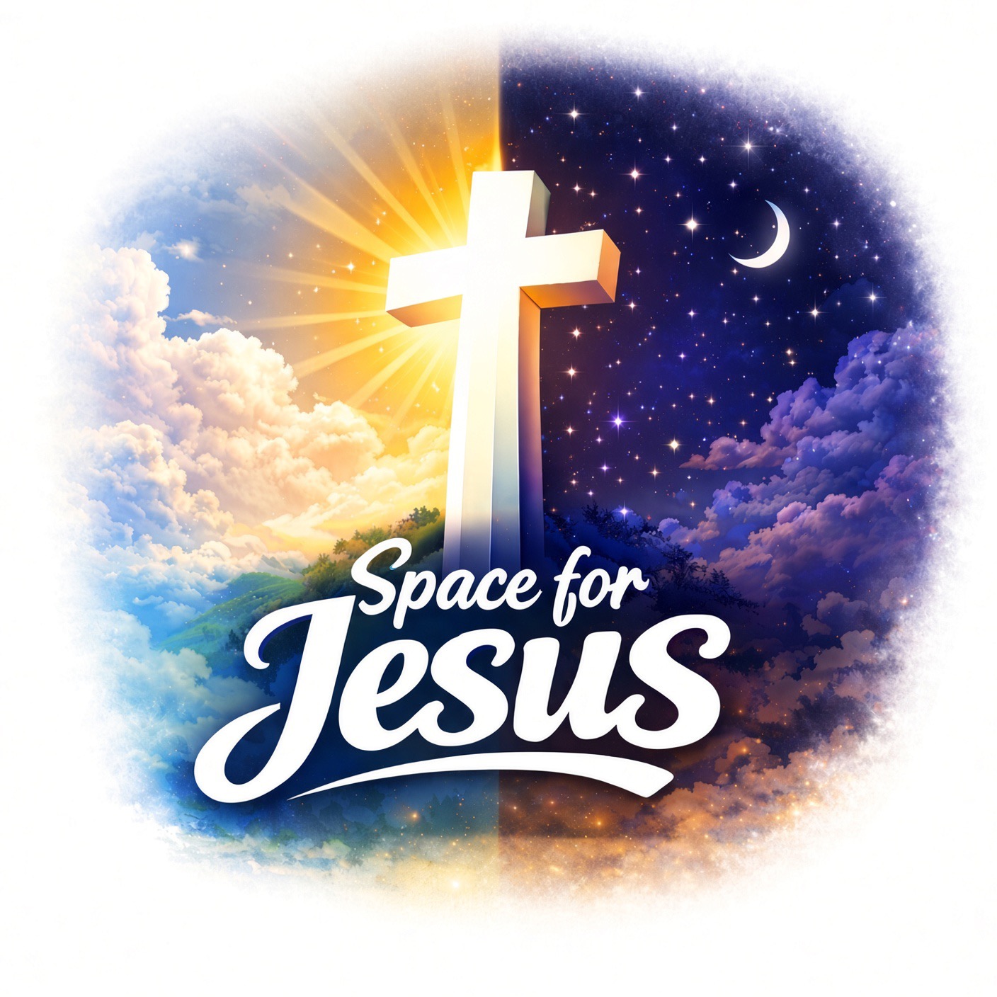 Space for Jesus app logo: a cross between daylight clouds and a starry night sky